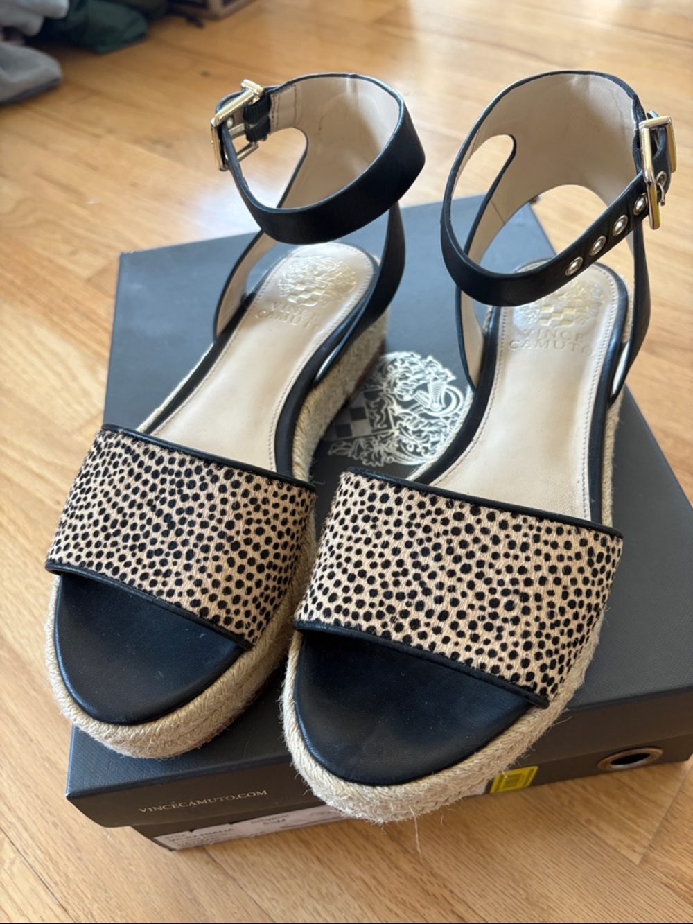 Vince Camuto Black and Tan Espadrille Ankle Strap Sandals